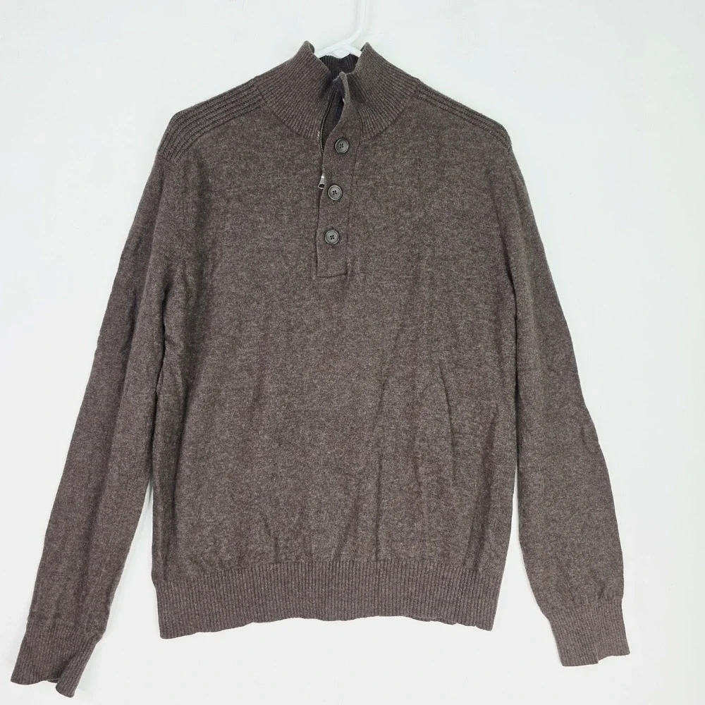 Banana Republic Sweater Mens L Brown Wool Blend Italian Yarn 1/4 Zip Button Read